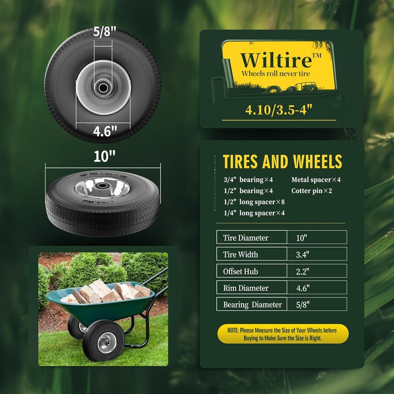 Wiltire (عبوة 2) 4.10/3.50-4 إطار وعجلة خالية من الهواء بقطر 10 بوصات مع محامل إضافية 5/8 و 3/4 و 1/2، محور مائل 2.2 بوصة - متوافق مع عربات اليد وعربات النقل (موجة، رمادي) - Image 2
